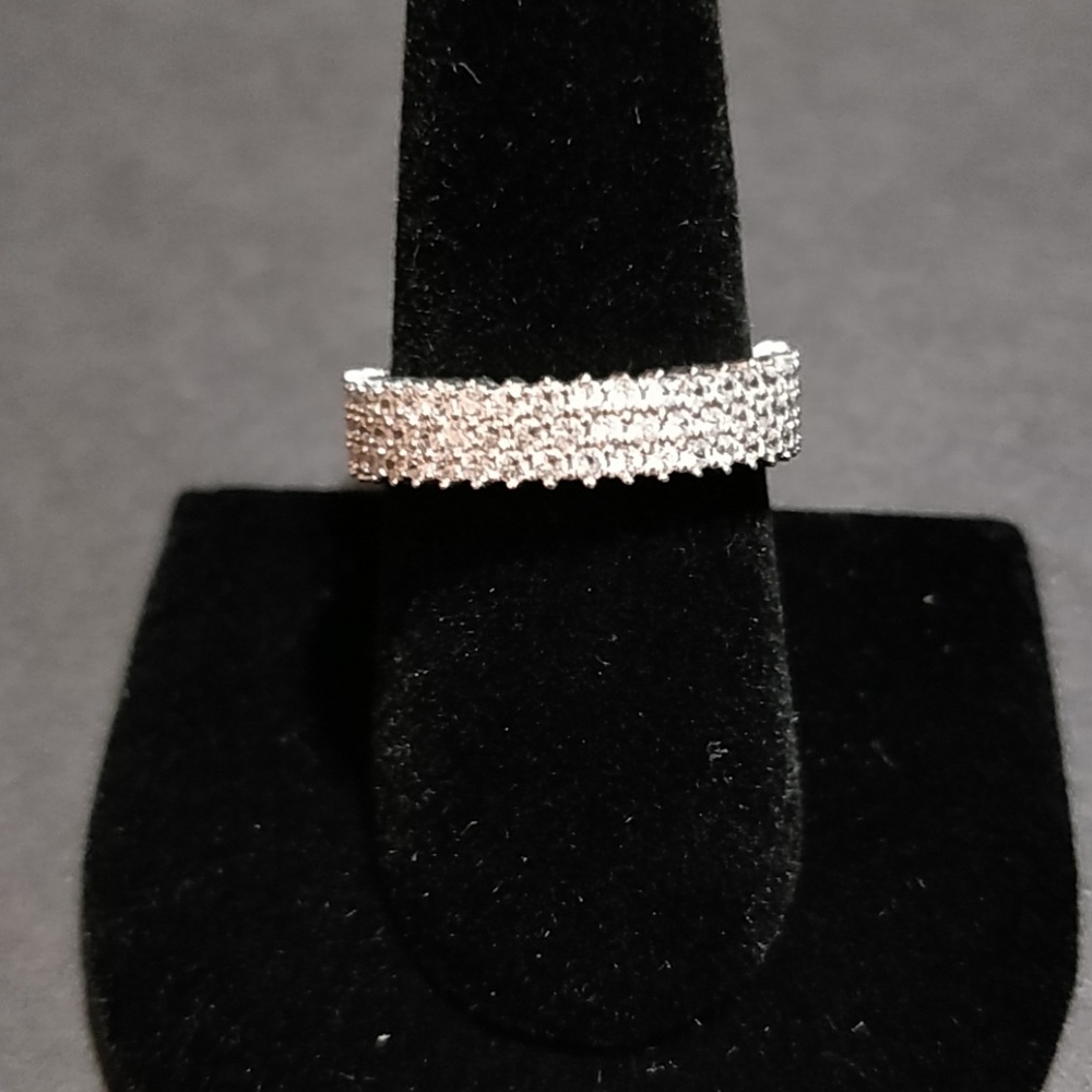 * 3 Row CZ Eternity Band Ring Round Silver